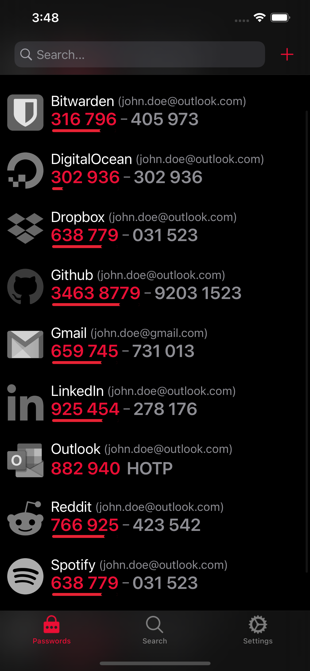 Screenshot of Raivo OTP for iOS in dark mode